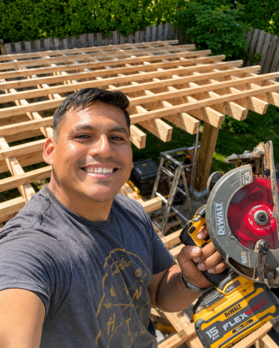 Eddie Osorio on a job site with a large pergola frame under construction